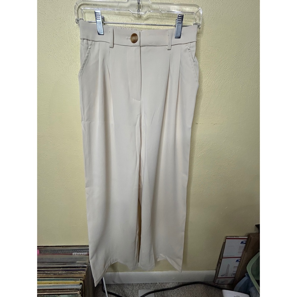 Lillusory Womens Wide Leg Trousers Cream Beige Pleated High Waist Pants XS NEW